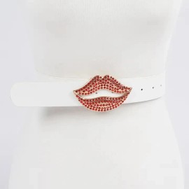 Fashion Women's  White Rhinestone Red/Gold  Lip Buckle Belt,  Width :1.5"  Length: 43"