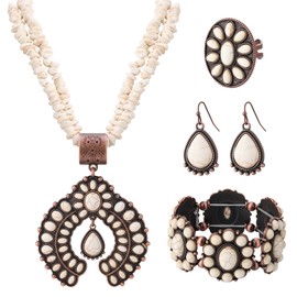 JMScape 4 PCS Western Turquoise Jewelry for Women Boho Vintage Navajo Pearl Necklace Earring Bracelet Ring Set Country Cowgirl Accessories for Gift (G-White)
