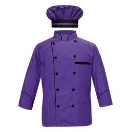 Men's Chef Jacket Full Sleeve Multi Color Chef Coat in Black Piping With Free Chef Cap (Purple, Small)