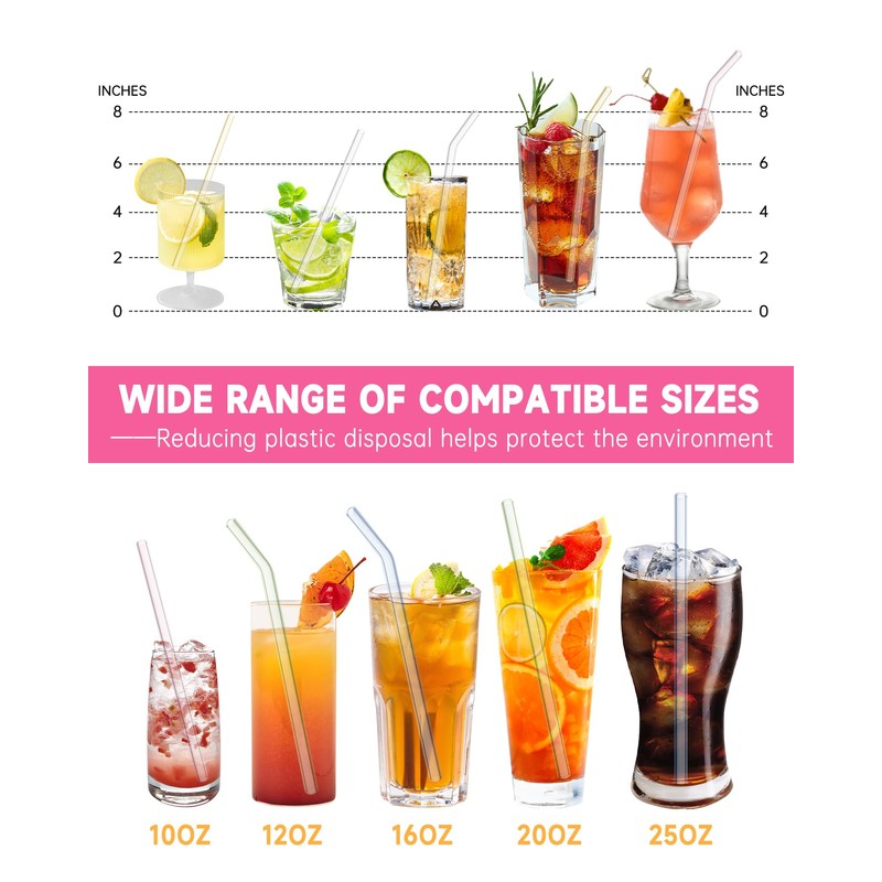 Reusable Glass Straws Shatter Resistant 8” x 8mm, 10 Pcs