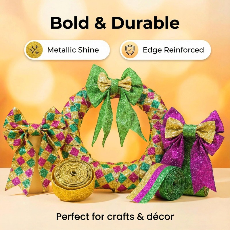 6 Rolls Mardi Gras Ribbon, 2 Inch x 5 Yards,