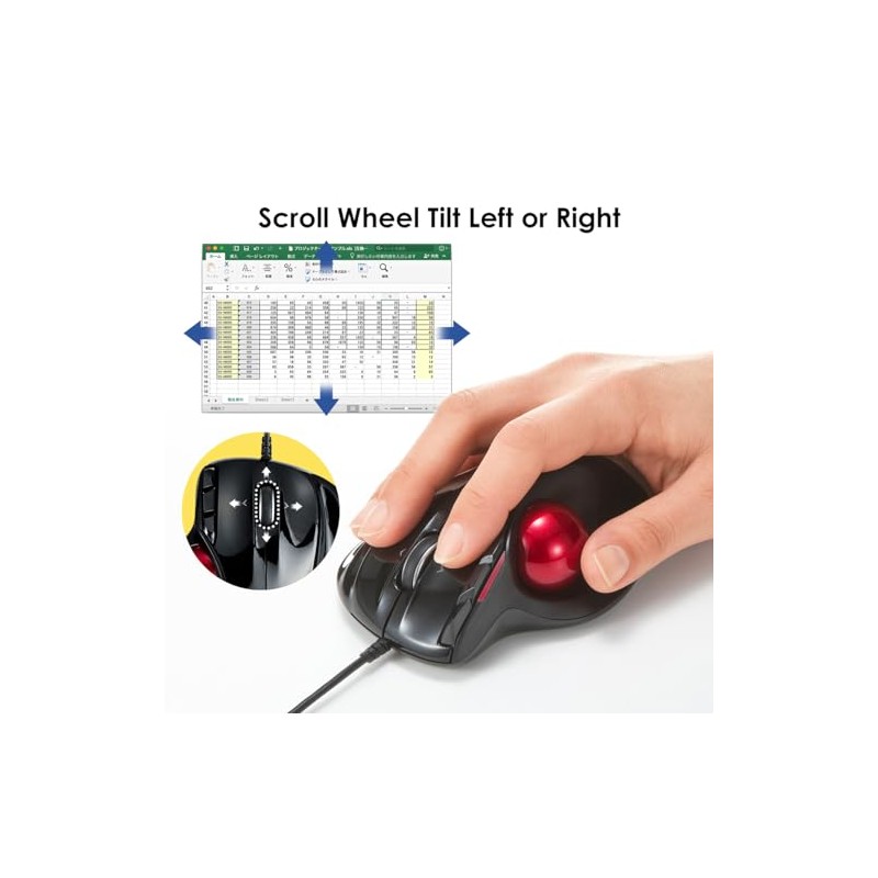 Sanwa Wired Ergonomic Trackball Mouse, Programmable Roller Ball Mice, Tilt