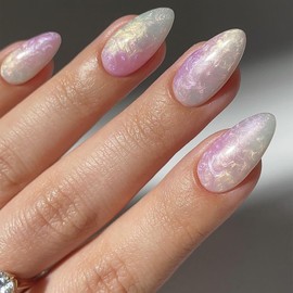 Press on Nails Medium Almond SWEKKE Fake Nails Full Cover Purple Gilding False Nails with Gold Foil Designs Glossy Glue on Nails Acrylic Nails Handmade Artificial Nails for Women Girls 24Pcs