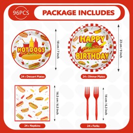 Grencian 96 PCS Happy Birthday Party Decorations Fast Food Birthday Plates Disposable Hot Dogs Paper Plates for Adults and Kids Picnic Baby Shower Burger BBQ Themed Party Supplies