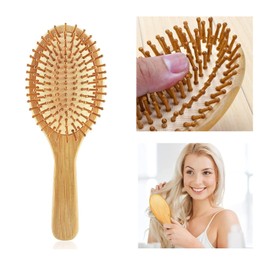 Natural Wooden Hair Brush with Air Cushion Combs for Scalp Massage Anti-static, No Hair Tangle (Oval)