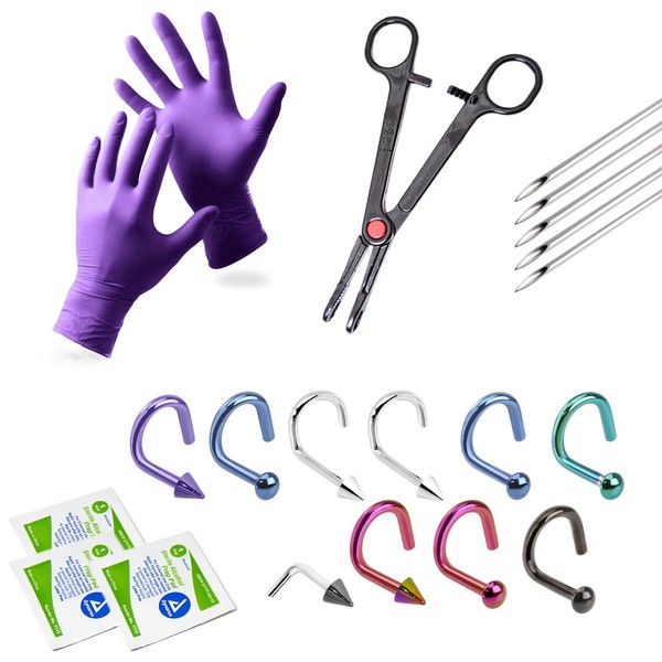 20-Piece Nose Piercing Kit - 10 Nose Piercing Jewelry, Gloves + More