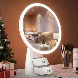 Makeup Mirror with Lights, Make Up Desk Mirror with Organizer, Rechargeable Touch Control 3 Color Lights and Adjustable Brightness, Lighted Vanity Mirror for Desk, Dresser Tabletop, Gifts for Women
