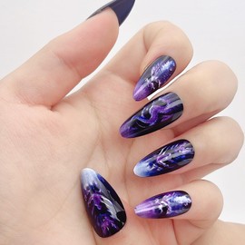 NGMATY Press On Nails Purple Painted Dragon Gradient Swoosh Long Teardrop Long Tip False Nails 12 Sizes - 24 Pcs Gel False Nail Set