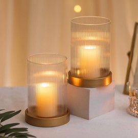 Hewory Ribbed Hurricane Candle Holder: Gold Votive Candle Holders Set of 2, Glass Hurricane with Metal Candle Plate, Pillar Candle Holder for Table Centerpiece Christmas Wedding Holiday Home Decor