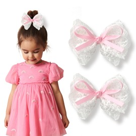 LMYMHMLM 2pcs Lace Hair Bows for Girls, White Lace and Pink Hair Ribbons, Alligator Bow Hair Clips, Handmade Hair Accessories for Girls