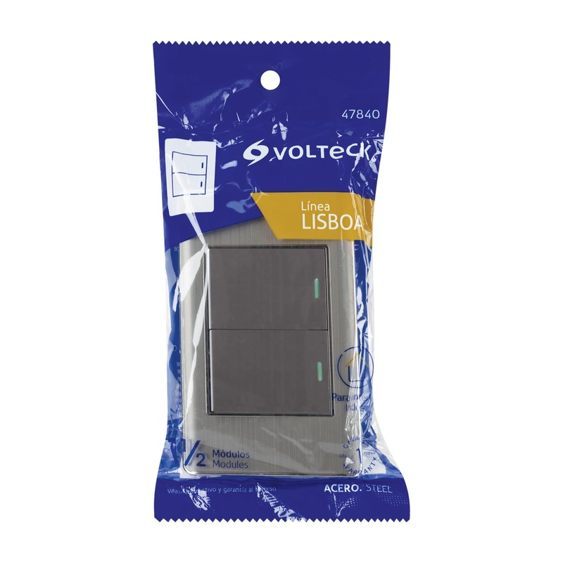 Volteck PA-APDO15-LA, Placa armada 2 interruptores sencillos color acero línea