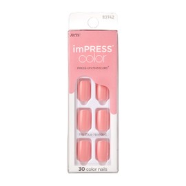 KISS imPRESS No Glue Mani Press On Nails, Color, 'Pretty Pink', Pink, Short Size, Squoval Shape, Includes 30 Nails, Prep Pad, Instructions Sheet, 1 Manicure Stick, 1 Mini File