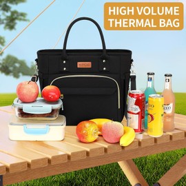 Loncheras para Mujer y Hombre, Bolsa de Almuerzo Térmica de Gran Capacidad, Impermeable y a Prueba de Fugas, Reutilizable con Correa, para Oficina y Picnics (Negro)