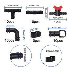 VooGenzek 54 PCS Drip Irrigation Fittings Kit for 16mm Tubing, Drip Irrigation Barbed Connectors for Garden, Lawn or Flower Bed, with Switch Valve, Coupling, Tees, Elbow, End Closure and End Plug