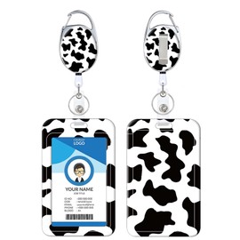 Badge Holder, Retractable Badge Reel with Carabiner Belt Clip and Key Ring, Name Tag Work Badge Clip Vertical ID Card Holder Cover Case for Name Card, Key Card (Milk Cow Print)