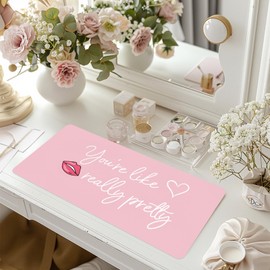 Makeup Mat for Vanity, Dual-Sided Vanity Top Protector Mat Waterproof Dressing Desk Makeup Table Cover Pad You're Like Really Pretty (Baby Pink/Silver, 23.6"x11.8")
