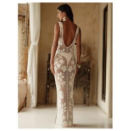 WDIRARA Women's Floral Crochet Sheer Cover Up Maxi Beach Dress Hollow Out Sleeveless Coverups Slit Apricot Medium