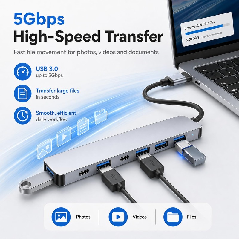 USB 3.0 Hub Splitter, 7 in 1 Aluminum USB Extender