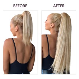 RUNATURE Ponytail Extension Human Hair Ash Blonde Highlight Platinum Blonde Clip in Ponytail Hair Extensions real Human Hair Straight 14 Inch 70g