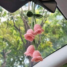 Car Decorations Handmade Crochet Wind Chime Flower Car Pendant Rear View Mirror Accessories Crochet Hobbyist Car Interior Aesthetics(Pink)