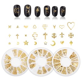 LIKENNY Nail Parts, Metal Ribbon, Openwork Carving, Colorful Motifs, Star Shape, Moon, Heart-shaped, Geometric Pattern, Circular, Cross, Storage Case, Set of 3, DIY Gel Nail Decoration, Storage