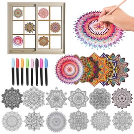 Mandala Designs Suncatcher Window Art Kit, 12 Pcs DIY Window Clings with MarkersYour Own Stained Glass Mandala Art Kit for for Home Decorations Perfect Hobby for Women, Elderly
