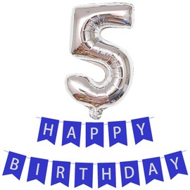 Number 5 Foil Balloons with Happy Birthday Banner Bunting for Boys, 5 Year Old 5th Birthday Helium Foil Balloons Blue Banner for Surprise Party Decorations Anniversary