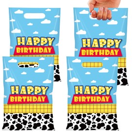 Ragnhild 50 Pcs Cartoon Story Birthday Party Favor Bags, Cow Pattern Goodie Treat Bags Party Supplies, Blue Sky White Cloud Plastic Candy Gift Bag with Handle for Kids Birthday Decorations