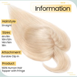 S-noilite Human Hair Toppers With Bang for Thinning Hair Women Real Hair Topper Clip In Hair Extensions 100% Remy Real Human Hair 38g（#18/613-1 New Ash Blonde and Bleach Blonde, 12 Inch)