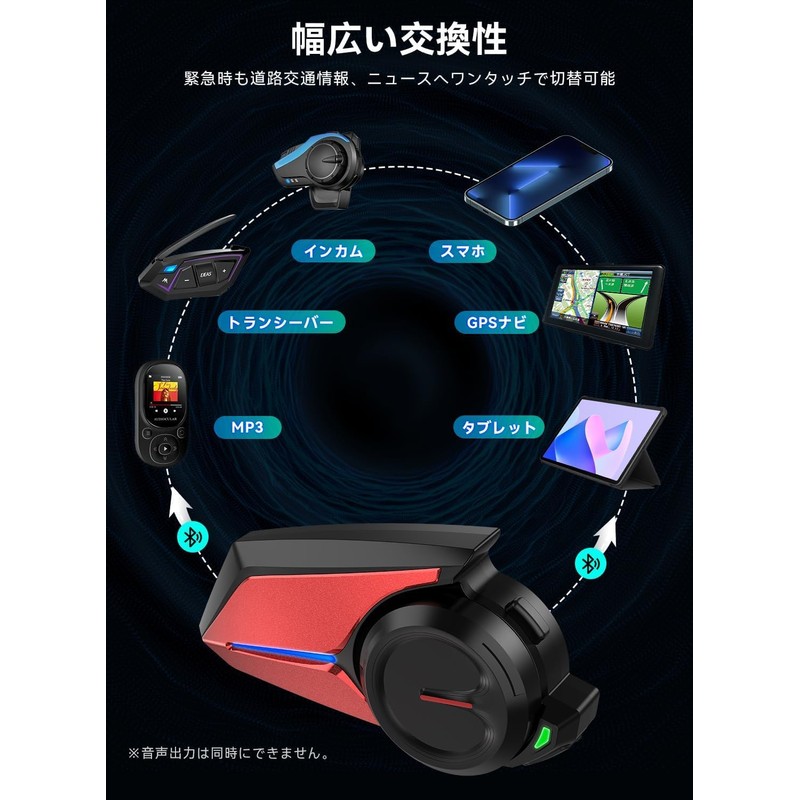 バイク インカム FMラジオ Bluetooth接続 連続通話時間30時間 Type-C充電