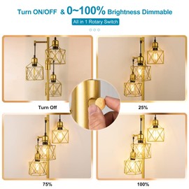 FAITHSAIL Industrial Tree Floor Lamp with Metal Cage Shade, 3-Light Farmhouse Rustic Tall Standing Lamp, Vintage Gold Pole Light for Living Room Bedroom Office Hotel