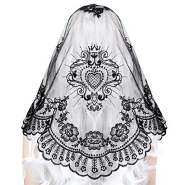 VELUTHERINE Chapel Veils Catholic Mass Mantilla - Black Veil Rose Sacred Heart Embroidery Lace Triangle Veil Scarf Latin Mass Mantilla Holiday Party Lace With Gift Box