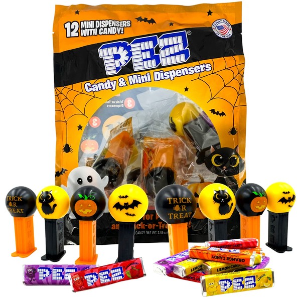 PEZ Candy Mini Halloween Candy Dispensers Trick or Treat Favors, Bag of 12, Orange, 0.32 Ounce (Pack of 1)