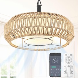 HEMLDAN Twine Caged Ceiling Fan with Fabric Shade 20" Drum Modern Coastal Natural Hand-Woven Chandelier Fan for Dining Room, Bedroom, Smart App/FCC Remote Control, Italian Design, Adjustable (Twine)