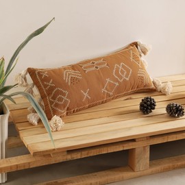 Extra Long Lumbar Pillow Cover (12x18) – Handwoven Moroccan Cactus Silk Pillow, Boho Throw Cushion Cover, Modern Farmhouse Rustic Decor, (Natural Brown) Decorative Pillow for Couch, Bed, or Sofa