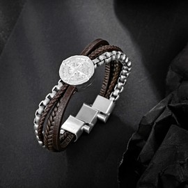 murtoo Men's Bracelet Leather With Compass,Braided Leather Bracelets for Men Magnetic Clasp 7.5/8.5/9.5 inch Gift for Husband Boyfriend Father (Brown Silver, 9.5inch)