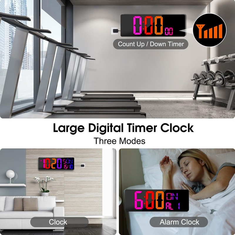 XREXS Large Digital Wall Clock Bluetooth Sync, 17.2" RGB Color