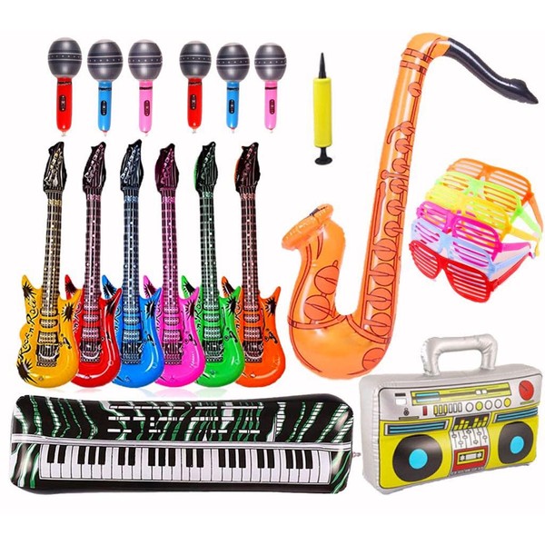 Inflatable Rock Star Toy Set - 22 Pieces Inflatable Party Props-1 Keyboard Piano, 6 Inflatable Guitars for Children, 6 Microphones, 6 Shutter Shading Glasses, 1 Saxophone, 1 Inflatable Radio, 1 Pump