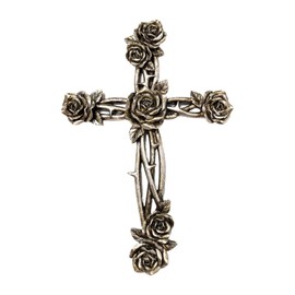AMAJY Rustic Vintage Style Resin Silver Tone Rose and Thorn Cross Spiritual Wall Art Decor