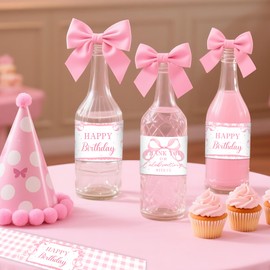 52Pcs Pink Bow Birthday Water Bottle Label Pink Bowknot Birthdays Party Decoration Pinks Birthdays Water Bottle Sticker She's Tying The Knot Decor for Girls Birthday Party Family Reunion