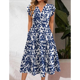 Zeagoo Dresses for Women Casual Summer Tropical Dresses Womens Midi Dress V Neck Tiered Dress with Pockets Short Sleeve Sundress Womens Maxi Dresses XL