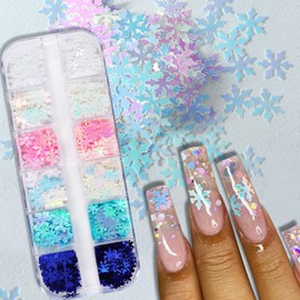 12 Grids Snowflake Nail Art Glitters White Snowflakes Sequins 3D Christmas Nail Decals DIY Nail Accessories Christmas Nail Art Supplies Xmas Winter Nail Stickers for Acrylic Nails Decorations