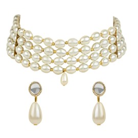I Jewels Gold Plated Indian Wedding Bollywood White Pearl Beaded Stylish Moti Choker Necklace Jewellery Set with Stud Earrings for women (ML286) (White-1)