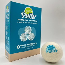 Green Puffer Softness+Savings Set of 6 Dryer Balls – 100% New Zealand Organic Wool – Wool Dryer Balls for Soft Laundry and Reduced Drying Times
