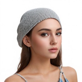 Munyee Hua Rhinestone Head Scarf for Women Bling Sparkly Hijab Stretchy Rave Turban Hat Handmade Headband Crystal Mesh Cap Hair Snood Nets Vintage Dress Concert Headpiece(Silver)