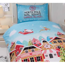 Rapport Gingerbread Town Single Duvet Cover Children's Christmas Bedding Set, 2 pieces, Festive, Blue