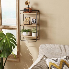 Sumbame 3 Tier Square Wall Shelf with Black Metal Frame Decorative Floating Shelf Wall Mounted Geometric Metal&Wood Hanging Shelf Rustic Rectangle Iron Shelf Display for Bathroom,Home,Carbonized Black