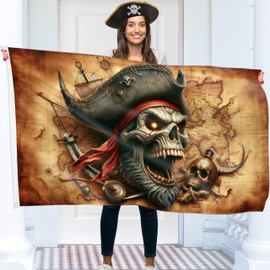 Pirate Flag 90 x 150 cm with Eyelets - Large Pirate Flag Children - Vibrant Digital Print - Pirate Flag with Pirate Card - Jolly Roger Flag - Double Stitching