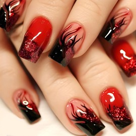 Flame Press on Nails Short Square Fake Nails with Glitter Tips Designs Black Red Gradient French Tips False Nails Y2K Full Cover Stick on Nails Glossy Acrylic Nails Glue on Nails for Women Girls 24Pcs