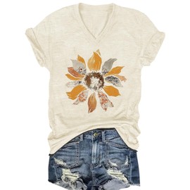 Vintage Flowers V Neck Shirt for Women Boho Floral Wildflowers Graphic Tees Summer Tops Comfy Casual Vacation Outfits (Apricot, M)